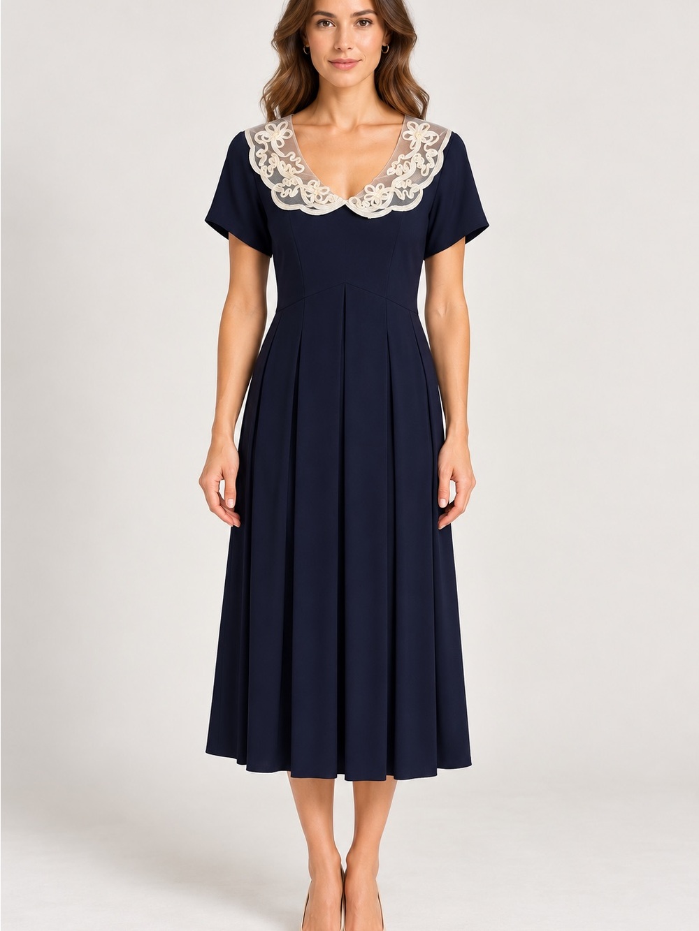 Vintage Expo Petite Navy Midi Dress Embroidered Collar Sz 10